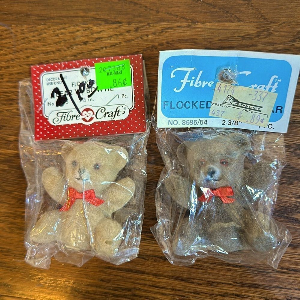 New in packaging old stock brown & tan flocked bears for crafts or toys